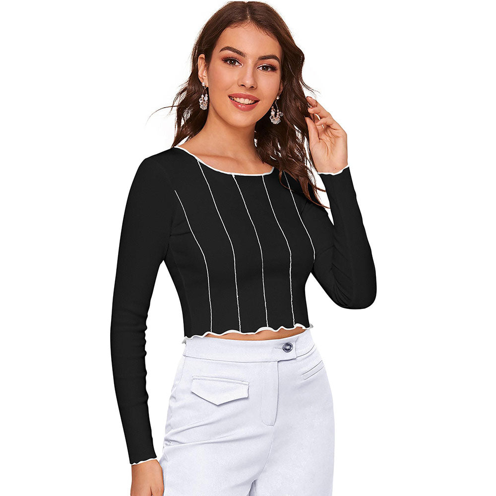 Odette Black Polyester Striped Crop Top For Women