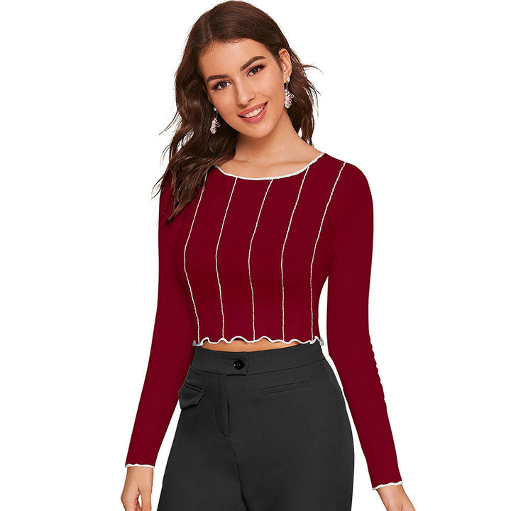 Odette Maroon Polyester Striped Crop Top For Women