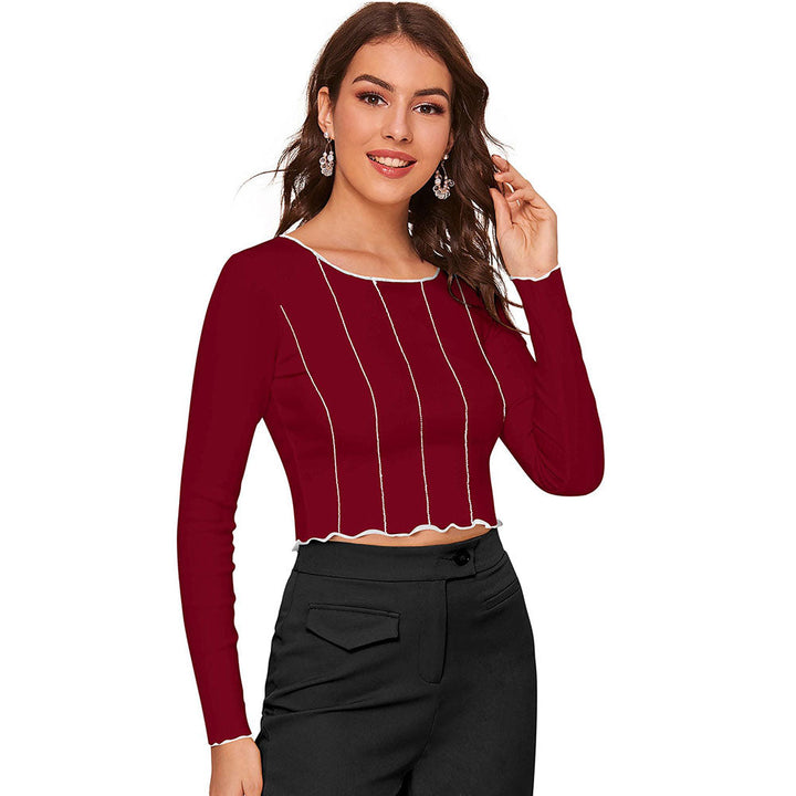 Odette Maroon Polyester Striped Crop Top For Women