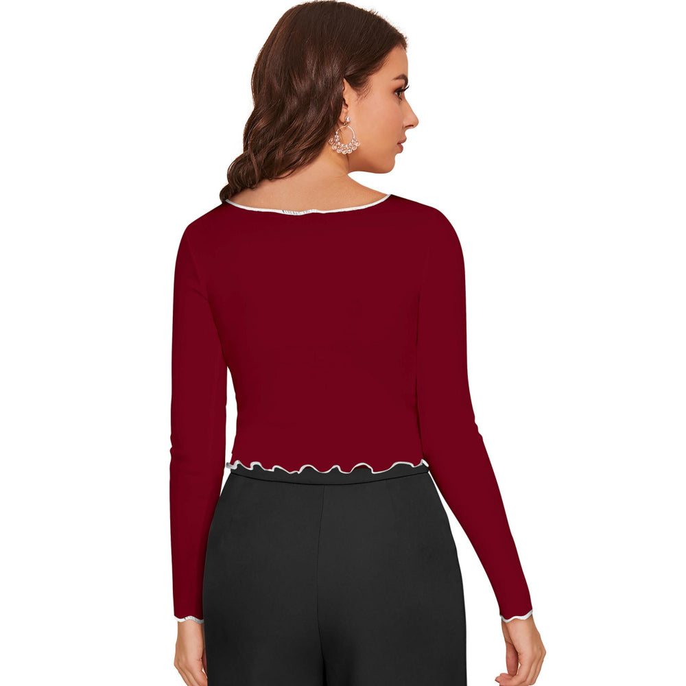 Odette Maroon Polyester Striped Crop Top For Women