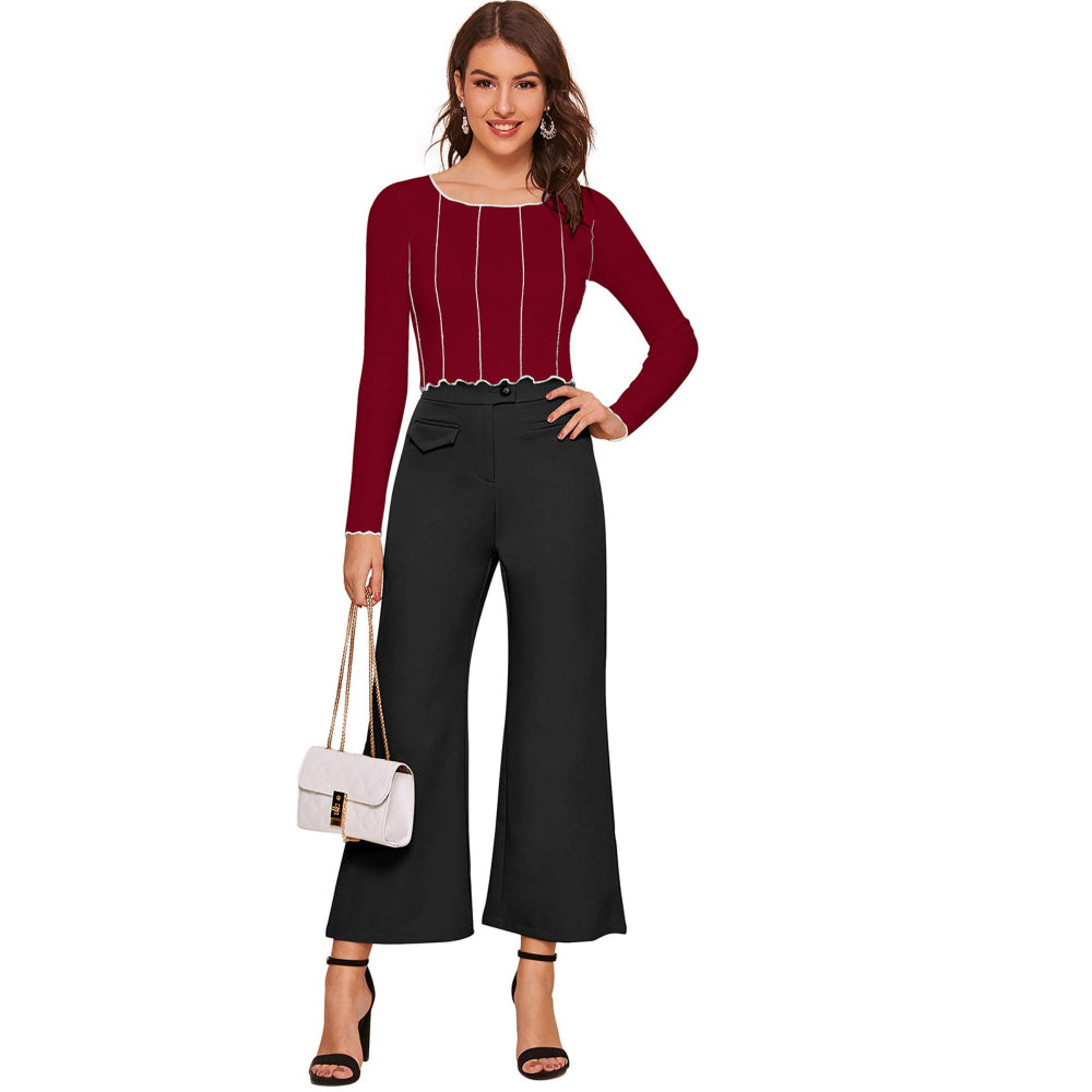 Odette Maroon Polyester Striped Crop Top For Women