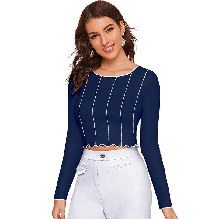 Odette Blue Polyester Striped Crop Top For Women