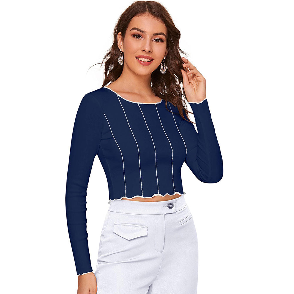 Odette Blue Polyester Striped Crop Top For Women