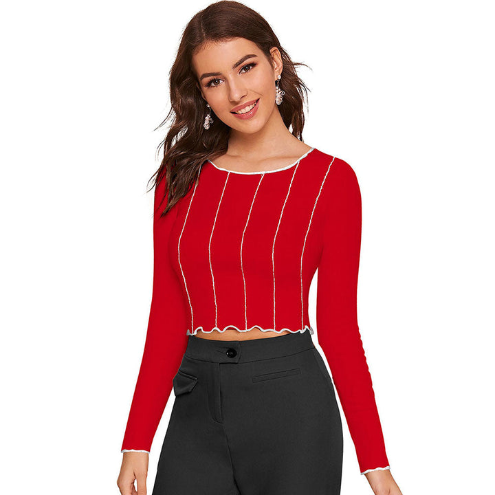 Odette Red Polyester Striped Crop Top For Women