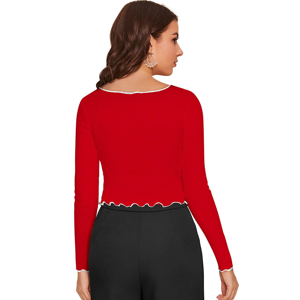 Odette Red Polyester Striped Crop Top For Women