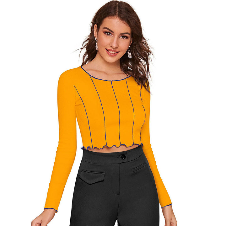 Odette Yellow Polyester Striped Crop Top For Women