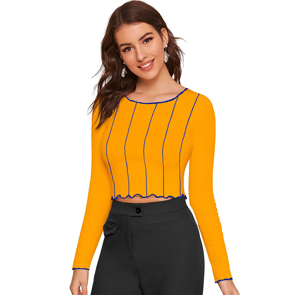 Odette Yellow Polyester Striped Crop Top For Women