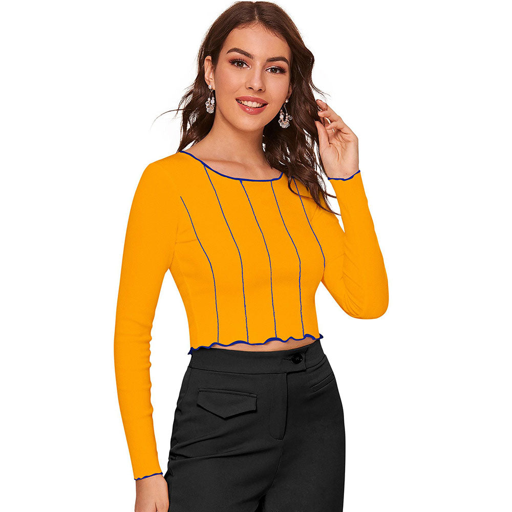 Odette Yellow Polyester Striped Crop Top For Women