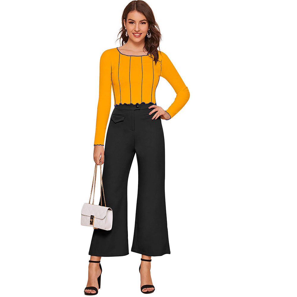 Odette Yellow Polyester Striped Crop Top For Women