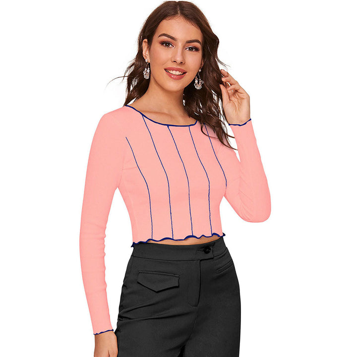 Odette Peach Polyester Striped Crop Top For Women