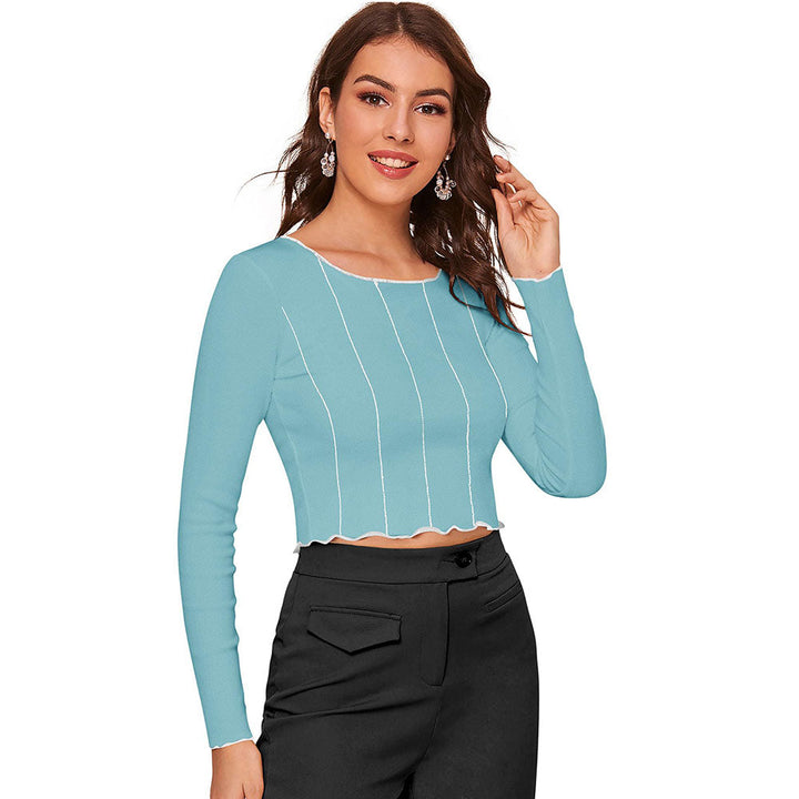 Odette Light Blue Polyester Striped Crop Top For Women