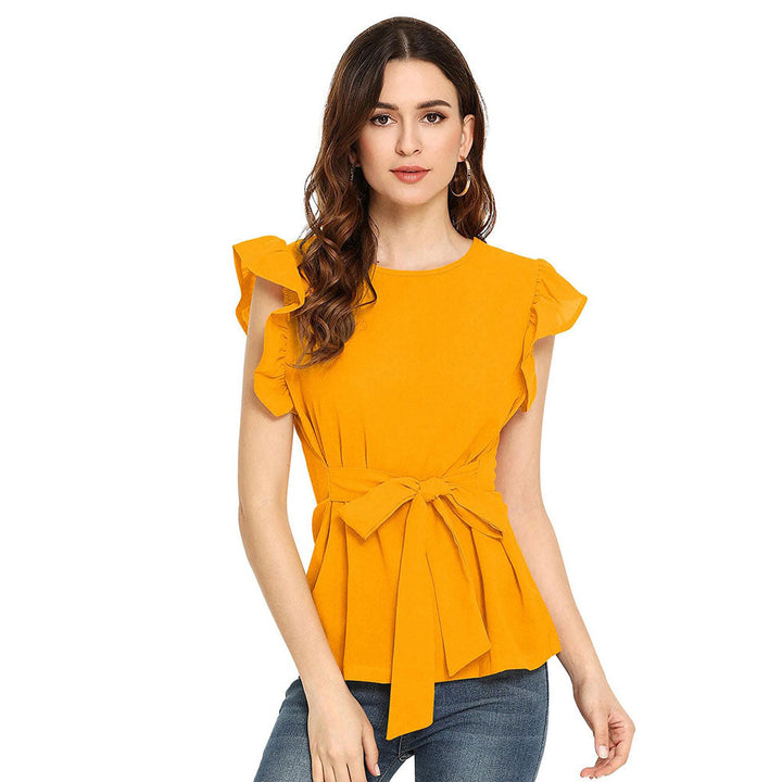 Odette Yellow Polyester Solid Top For Women