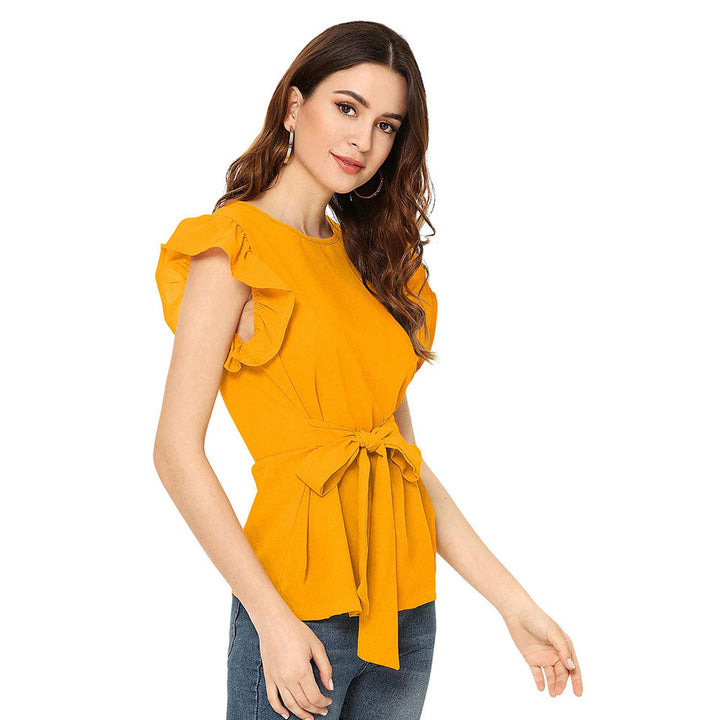 Odette Yellow Polyester Solid Top For Women