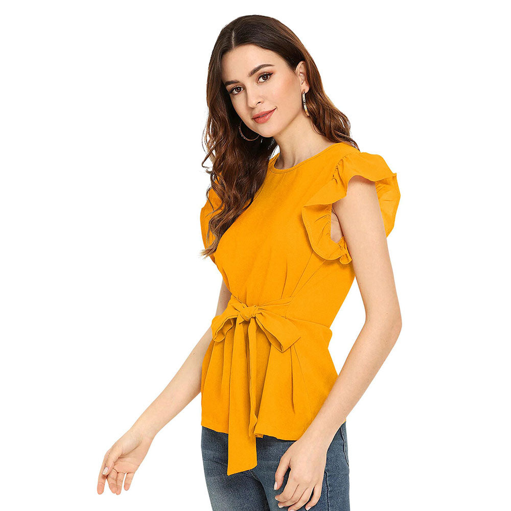 Odette Yellow Polyester Solid Top For Women