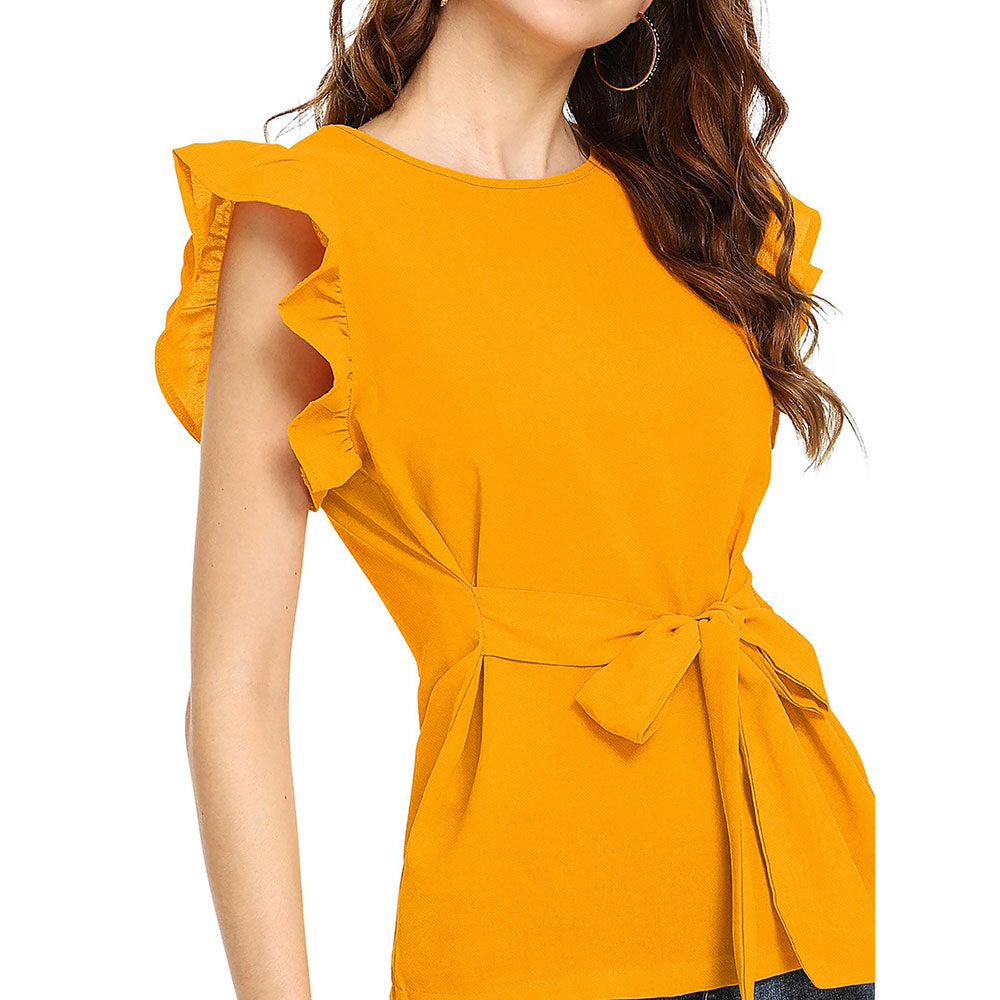 Odette Yellow Polyester Solid Top For Women