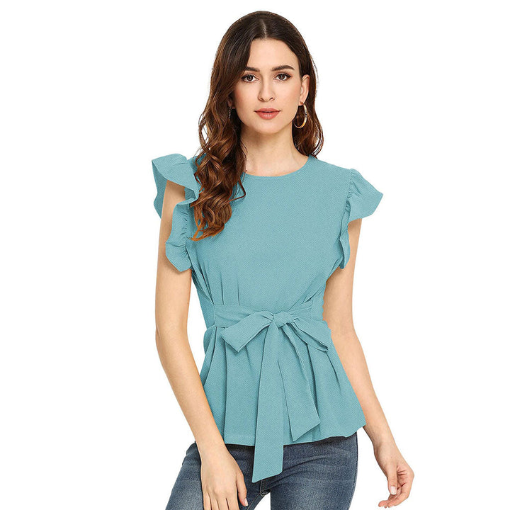 Odette Light Blue Polyester Solid Top For Women