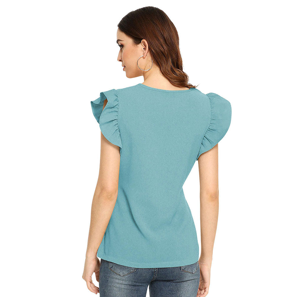 Odette Light Blue Polyester Solid Top For Women