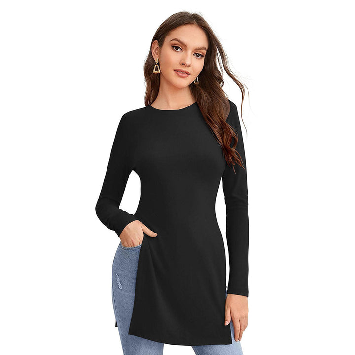 Odette Black Polyester Solid Long Top For Women