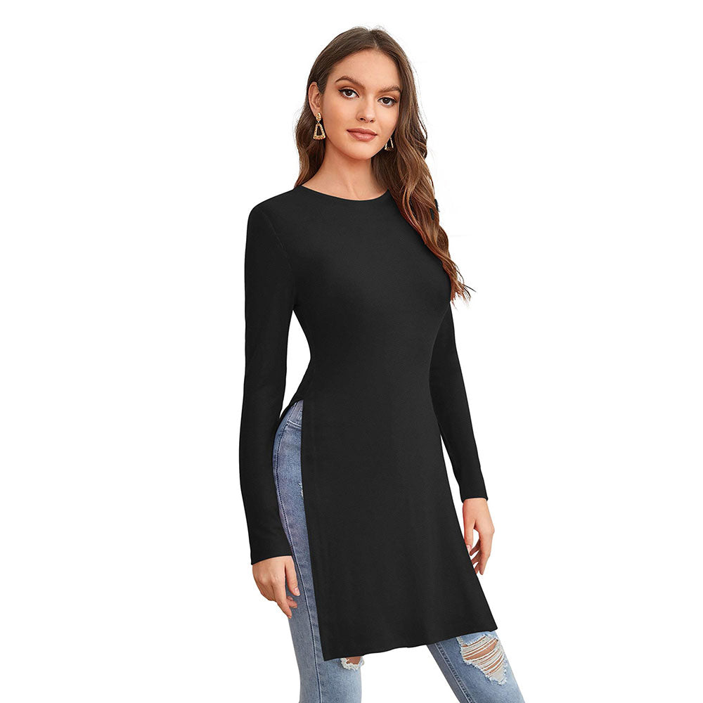 Odette Black Polyester Solid Long Top For Women