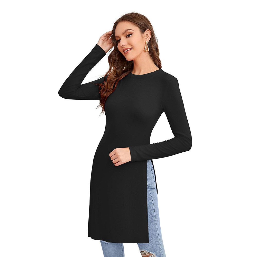 Odette Black Polyester Solid Long Top For Women