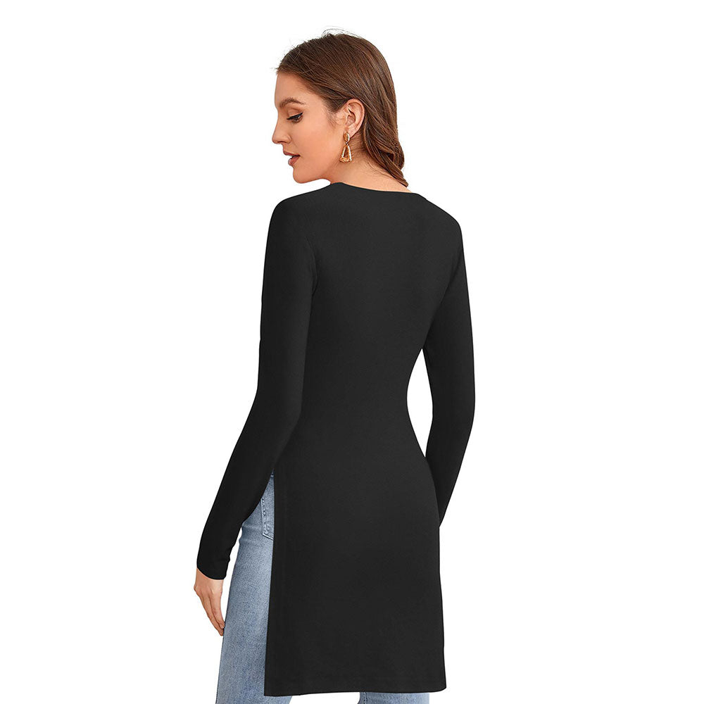 Odette Black Polyester Solid Long Top For Women