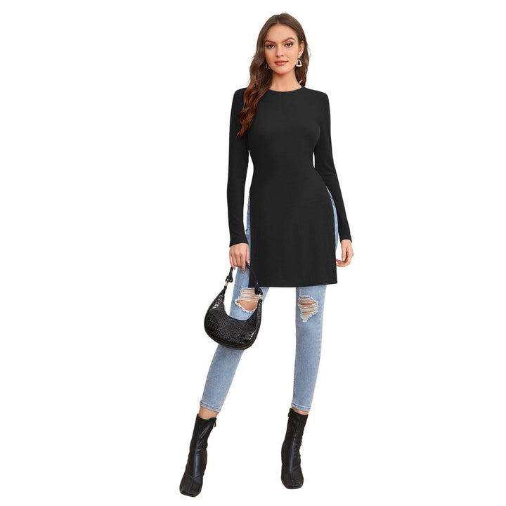 Odette Black Polyester Solid Long Top For Women