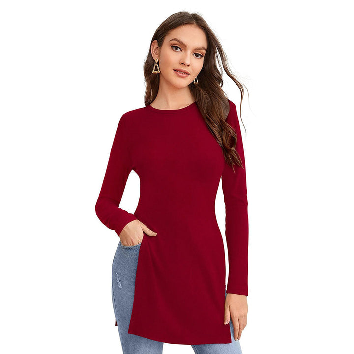 Odette Maroon Polyester Solid Long Top For Women