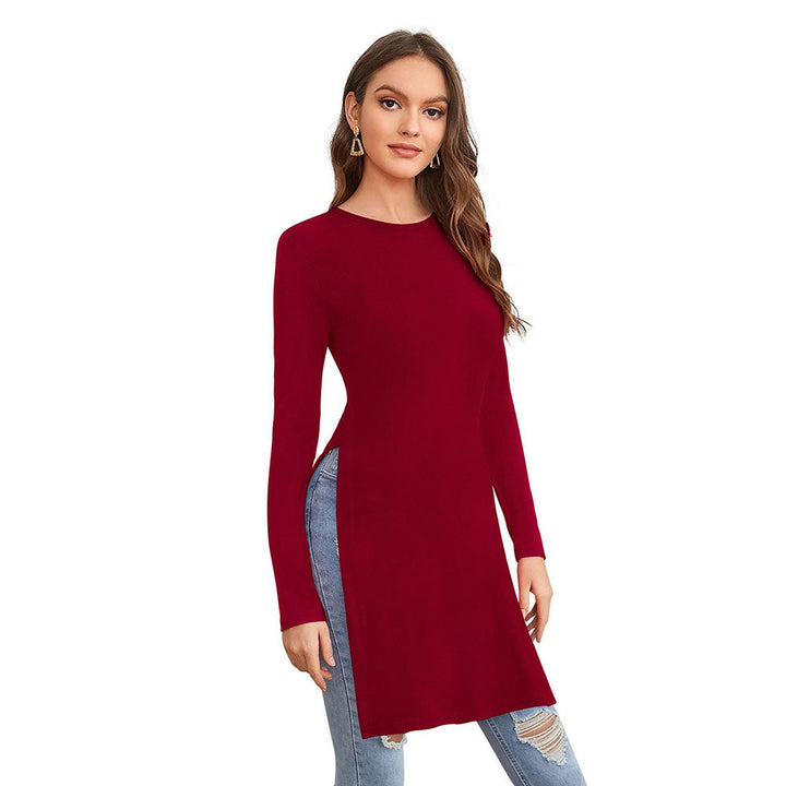 Odette Maroon Polyester Solid Long Top For Women