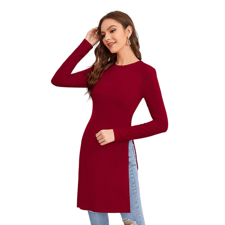 Odette Maroon Polyester Solid Long Top For Women