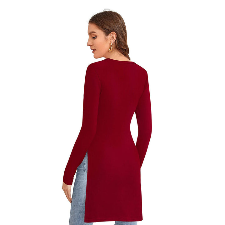 Odette Maroon Polyester Solid Long Top For Women