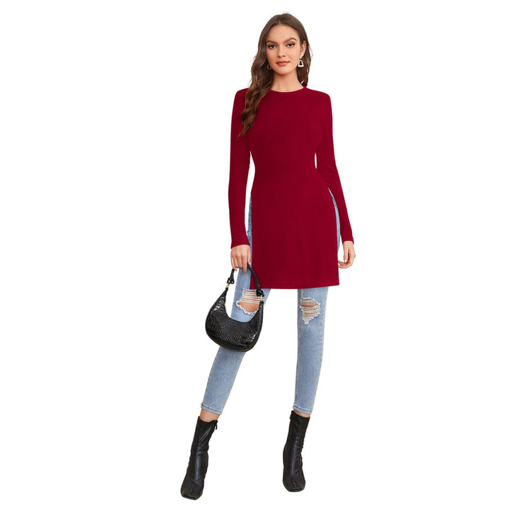 Odette Maroon Polyester Solid Long Top For Women