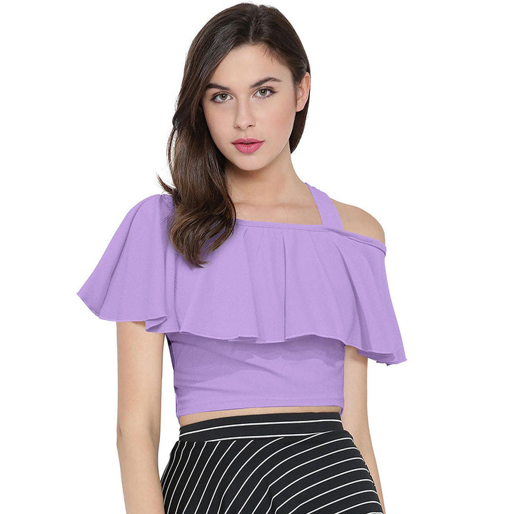 Odette Purple Polyester Solid Crop Top For Women