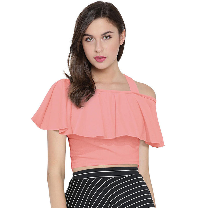 Odette Peach Polyester Solid Crop Top For Women