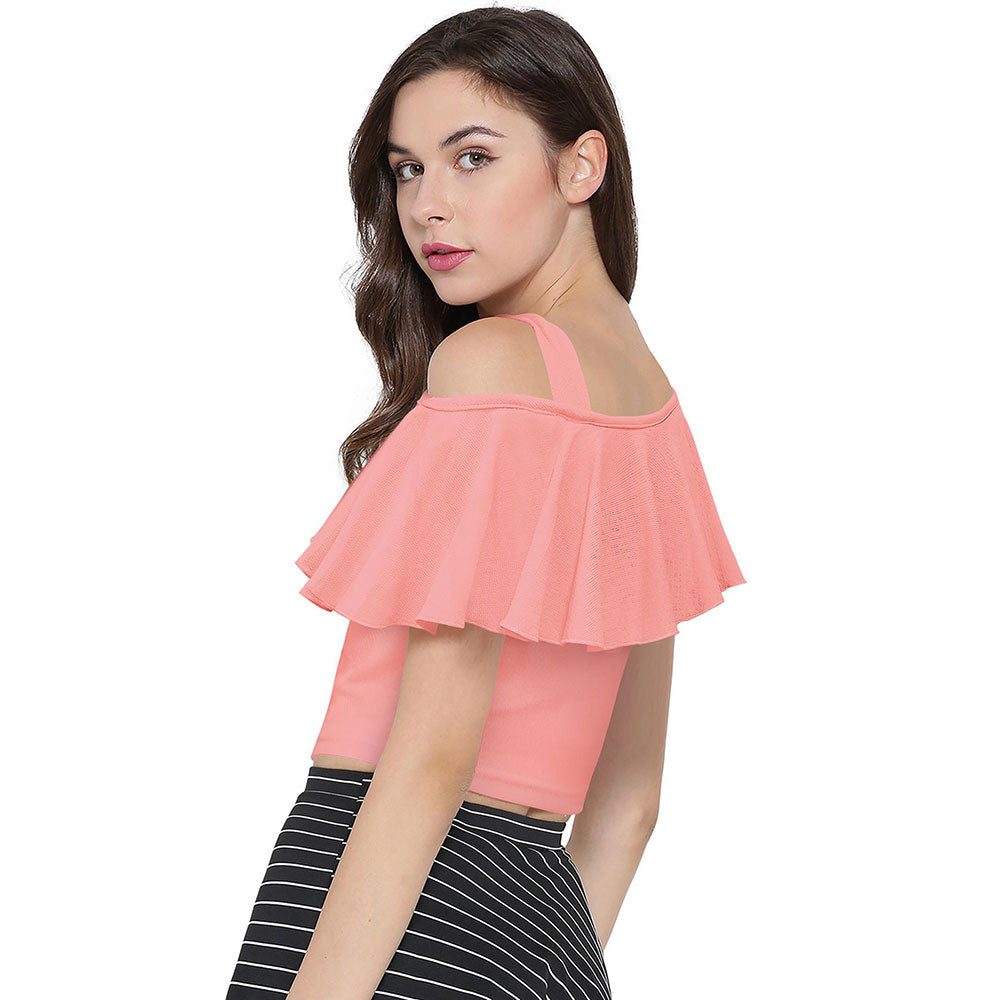 Odette Peach Polyester Solid Crop Top For Women