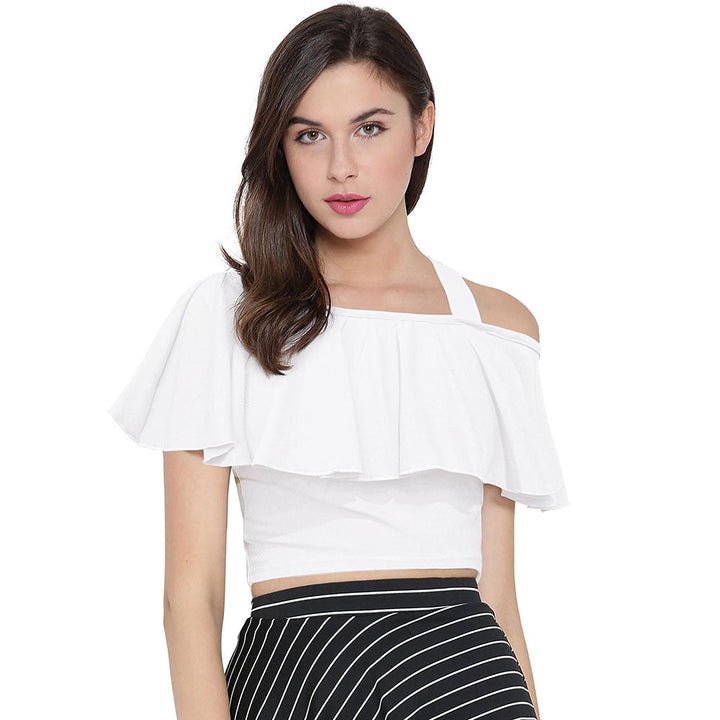 Odette White Polyester Solid Crop Top For Women