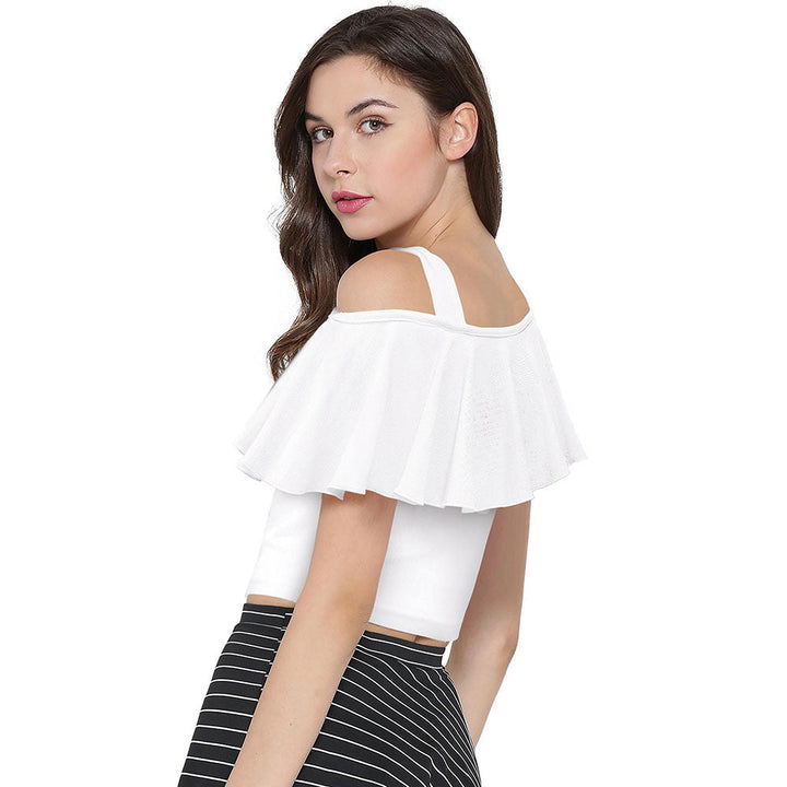 Odette White Polyester Solid Crop Top For Women