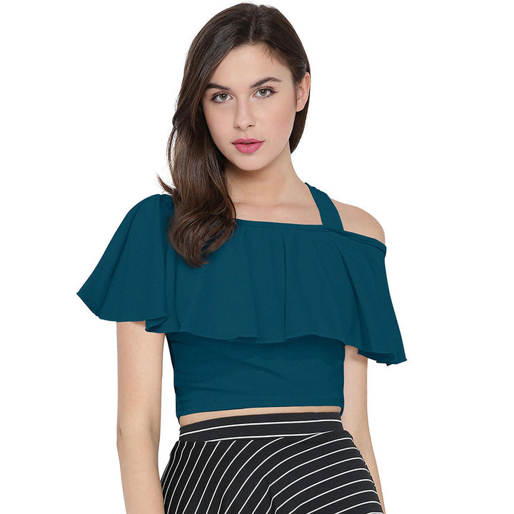 Odette Teal Polyester Solid Crop Top For Women