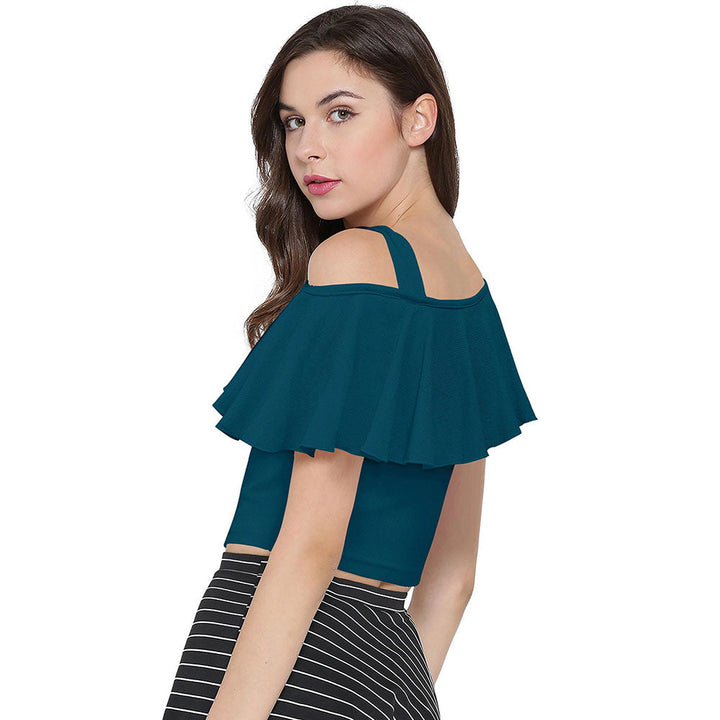 Odette Teal Polyester Solid Crop Top For Women