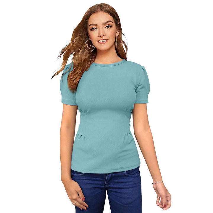 Odette Light Blue Polyester Solid Top For Women