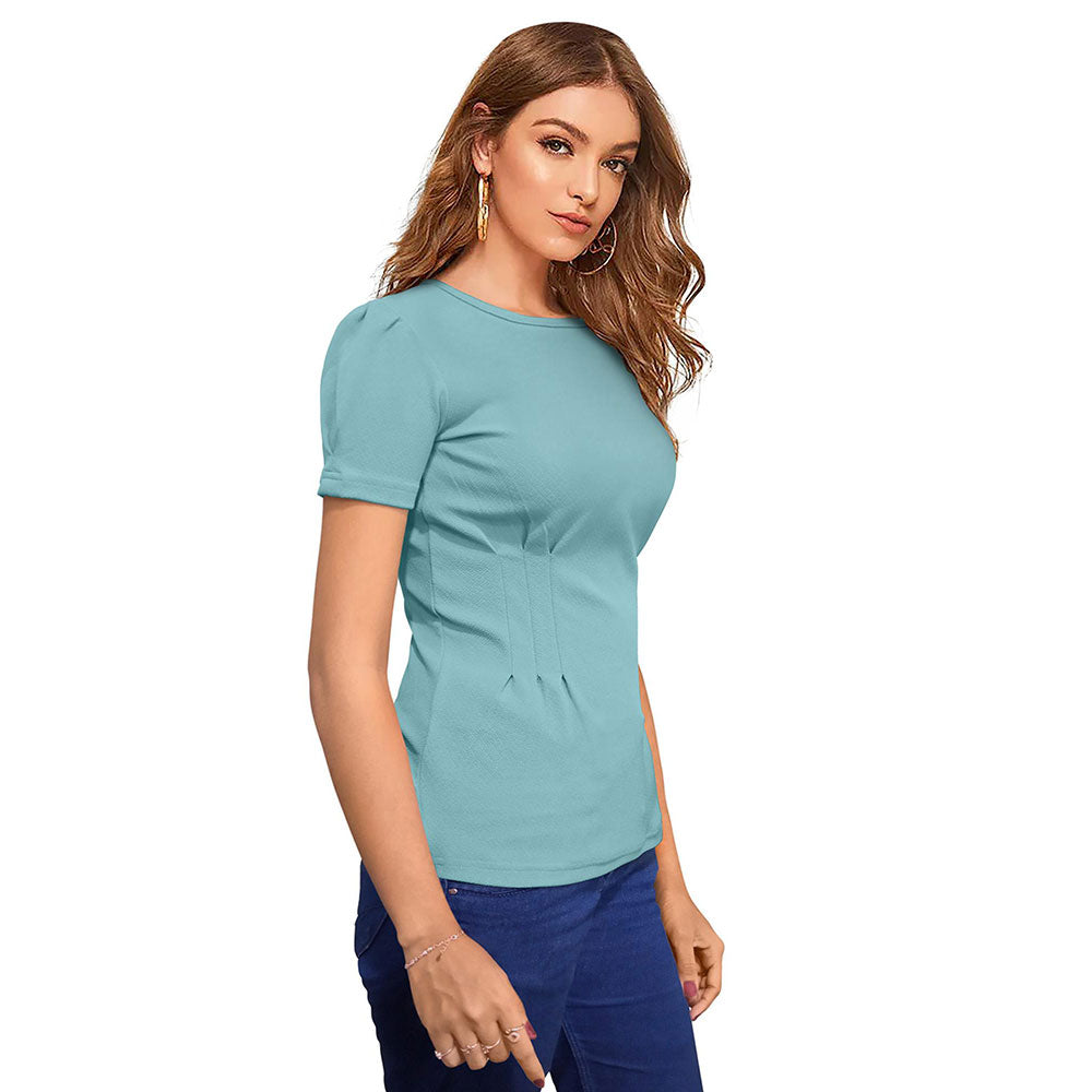 Odette Light Blue Polyester Solid Top For Women