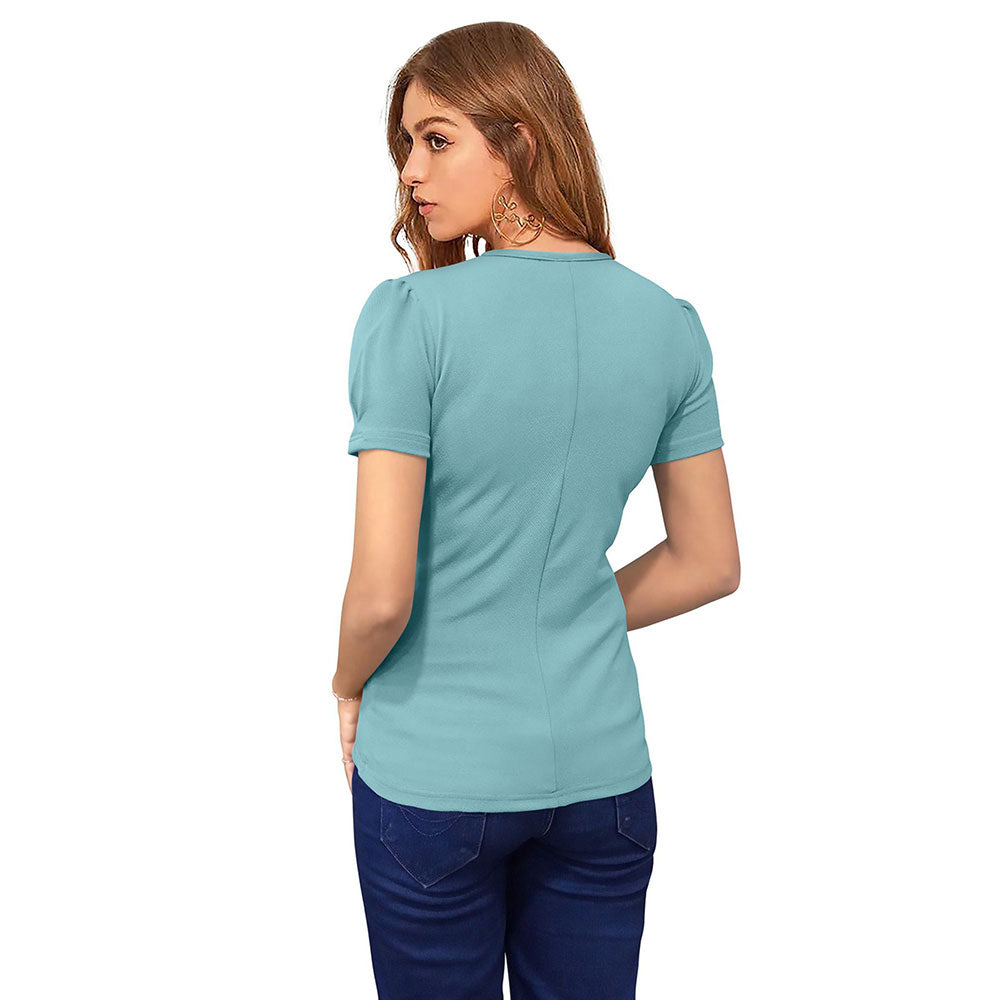 Odette Light Blue Polyester Solid Top For Women