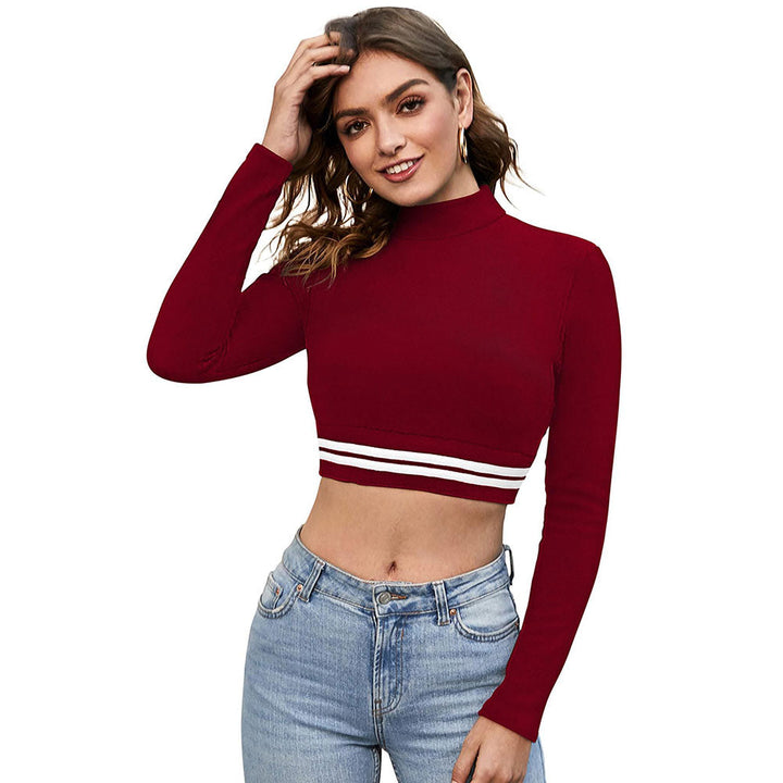 Odette Maroon Polyester Solid Crop Top For Women