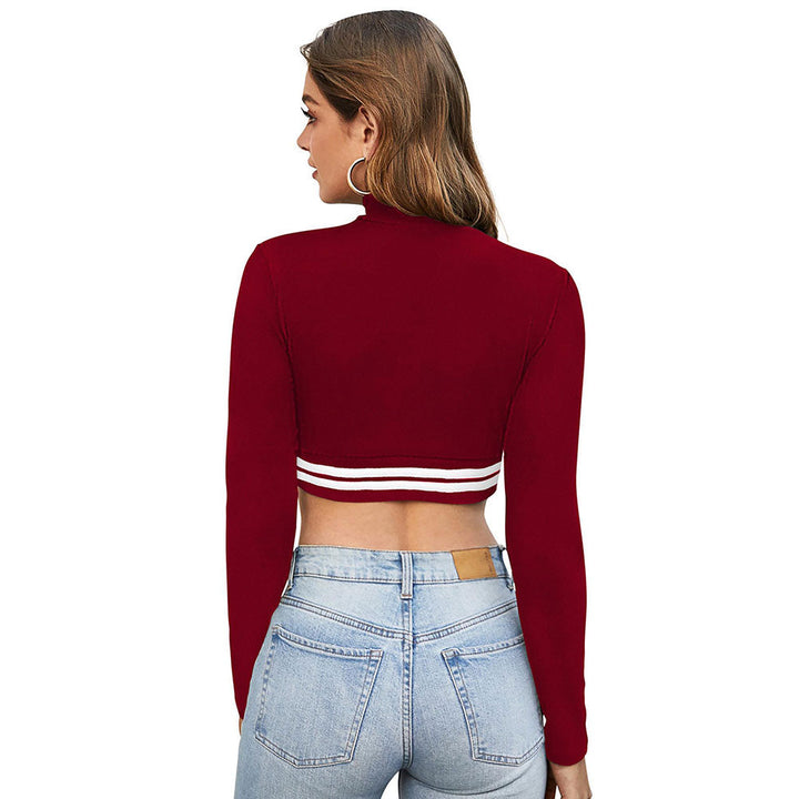 Odette Maroon Polyester Solid Crop Top For Women