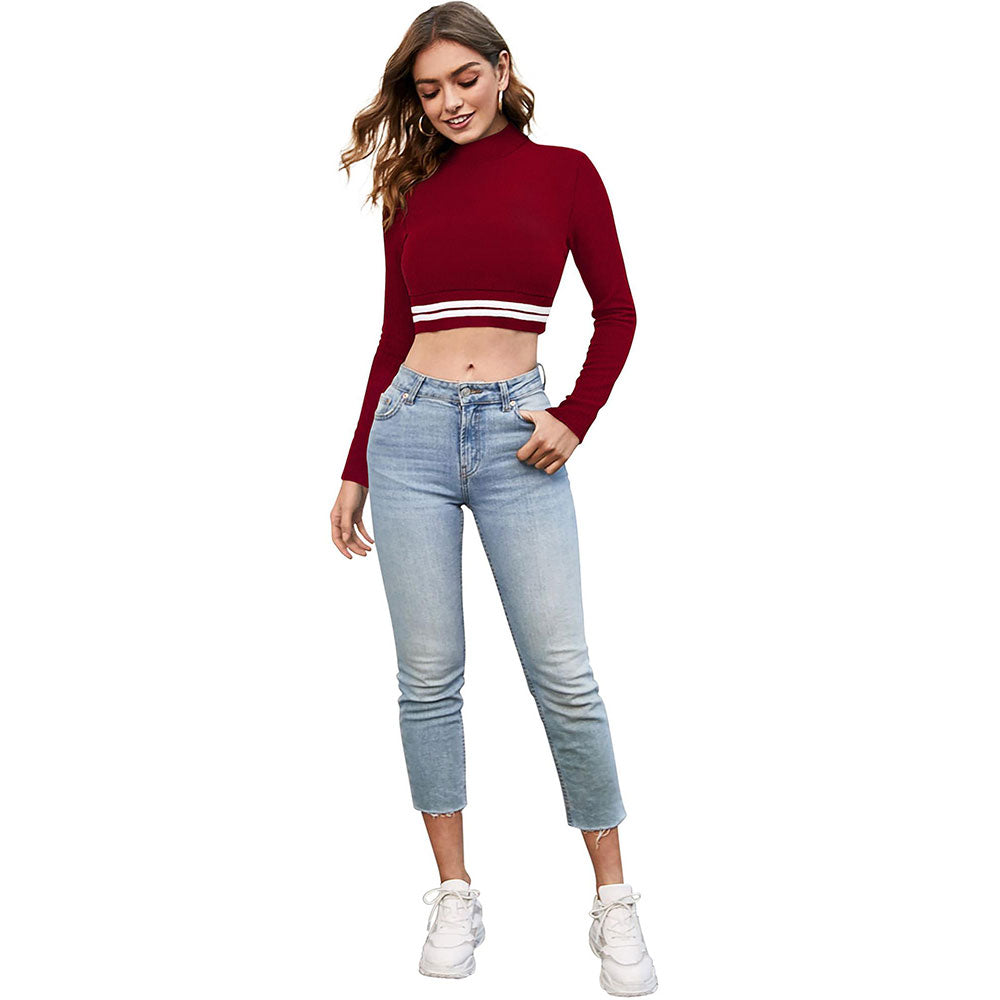 Odette Maroon Polyester Solid Crop Top For Women