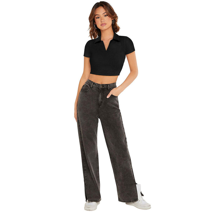 Odette Black Polyester Solid Crop Top For Women