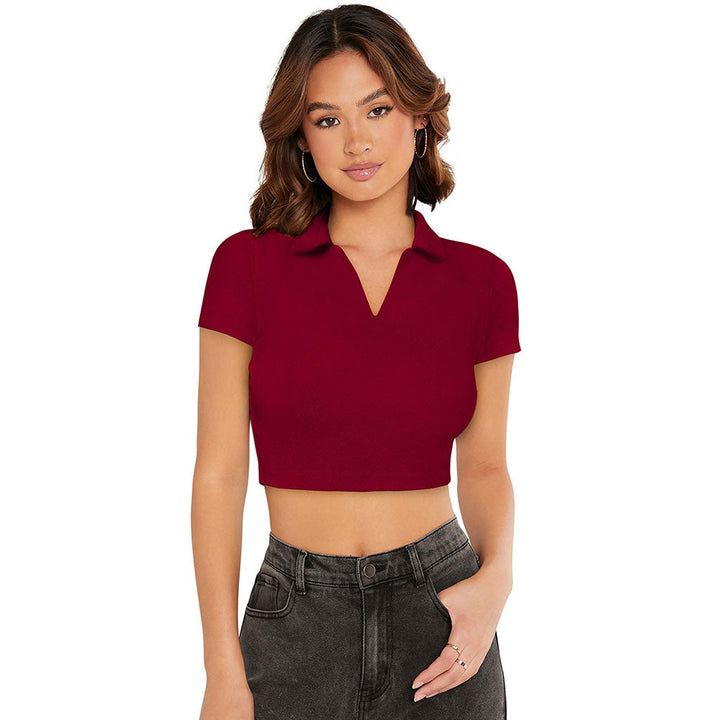 Odette Maroon Polyester Solid Crop Top For Women