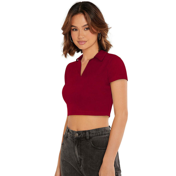 Odette Maroon Polyester Solid Crop Top For Women