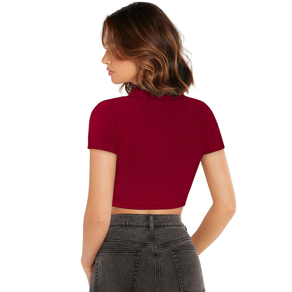 Odette Maroon Polyester Solid Crop Top For Women