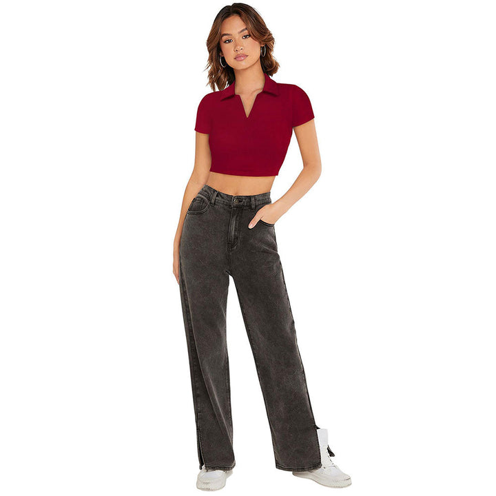 Odette Maroon Polyester Solid Crop Top For Women