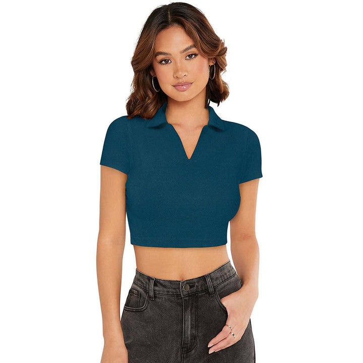 Odette Teal Polyester Solid Crop Top For Women